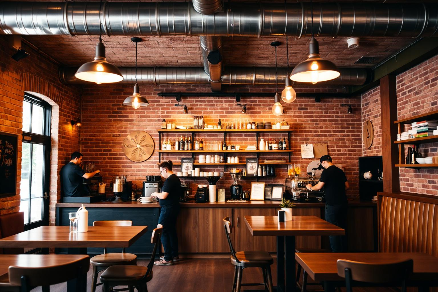 Innenraum des Café Mitte mit Backsteinwänden und Pendelleuchten